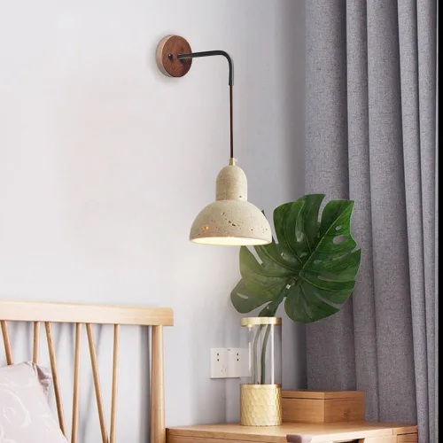 Vista 5 de Lámpara de pared japonesa Wabi Sabi Dome de travertino amarillo, lámpara de pared de madera retro de la industria industrial para interiores