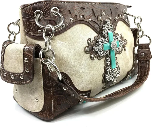 Vista 2 de Justin West Bolso bandolera de piel con diamantes de imitación turquesa recortada con láser y correa cruzada