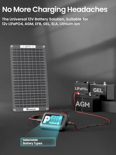Vista 6 de POWOXI Cargador de Batería Solar de 15W: Mantenedor de Goteo de Batería de Coche Solar de 12V - con Controlador MPPT de Parámetros Ajustables