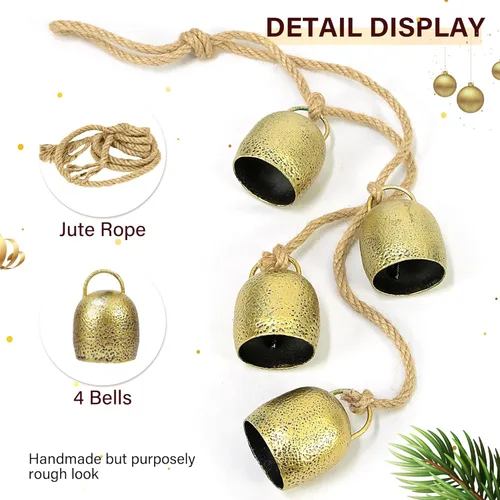 Vista 4 de Campana de hierro hecha a mano con acabado de latón, 4 campanas de vaca de latón en cuerda para pomo de puerta de Navidad, campanas rústicas vintage