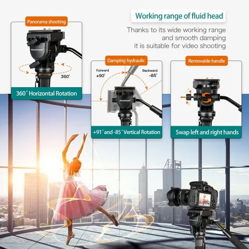 Vista 3 de Monopod extensible de aluminio para cámara con cabezal fluido y base de trípode plegable para cámara DSLR. Altura máxima de 58 pulgadas. Carga útil