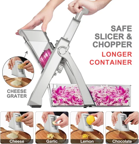 Vista 7 de SupMaKin Upgrade Safe Mandoline Slicer,Multi Vegetable Chopper,Potato Slicer, Onion Chopper with Drain Basket Storage Container, Cheese Grater Gray
