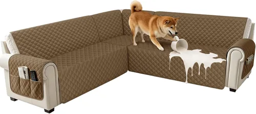 Vista 17 de Fundas impermeables para sofá seccional de esquina en forma de L, de terciopelo, juego de 6 piezas, funda en forma de U para sofá, para perros