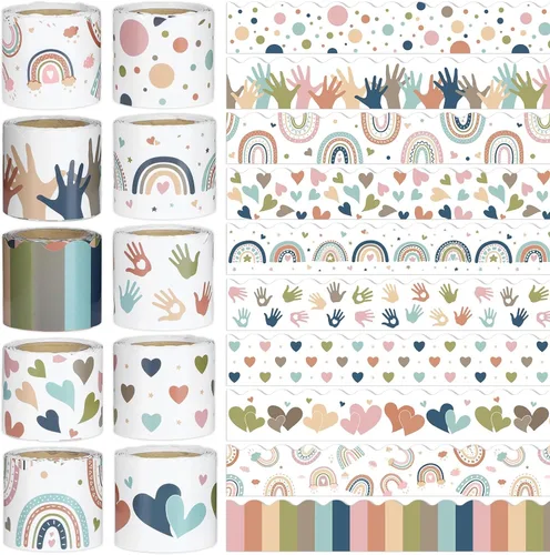 Borde de anuncios bohemio de 262 pies, 10 rollos, borde bohemio de arco iris para el aula, para tablón de anuncios, decoración de tablero de