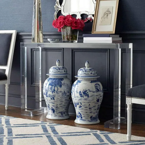Mesa decorativa rectangular de acrílico moderna con 1 estante para pasillo, entrada de acrílico moderno, sala de estar, mesa larga de entrada, mesa
