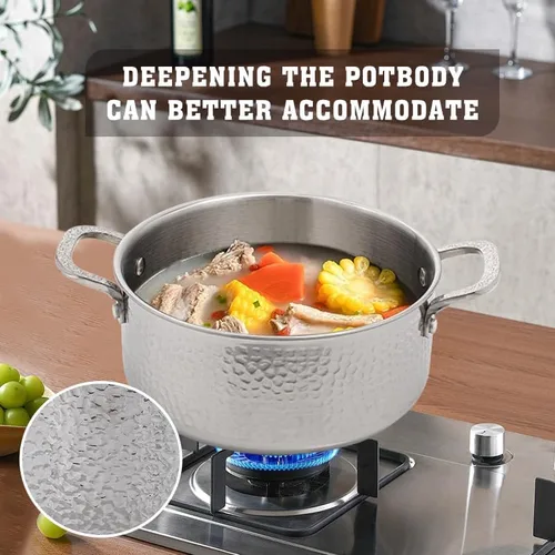 Vista 4 de Vivicreate Olla de acero inoxidable de tres capas, olla de cocina profunda con exterior martillado, compatible con todas las estufas, distribución