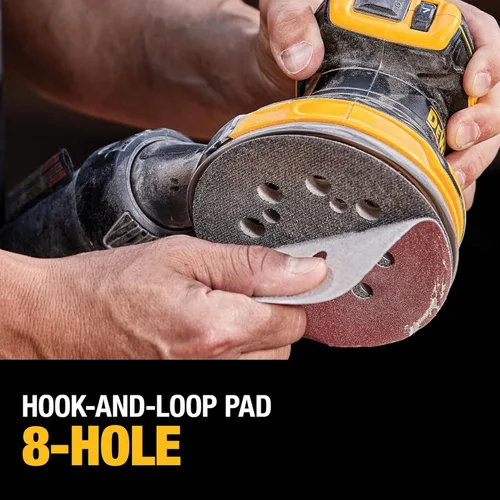 Vista 9 de DEWALT Lijadora orbital inalámbrica 20V MAX, herramienta de lijado de 5 pulgadas, 2.0Ah, 8,000-12,000 OPM, dial de velocidad variable, bolsa