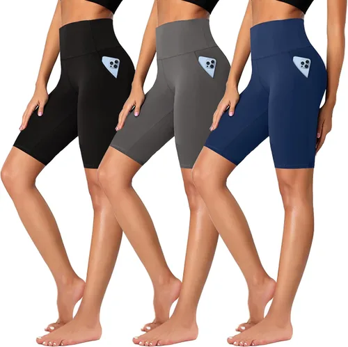 MOREFEEL Paquete de 3 pantalones cortos de motociclista suaves para mujer, cintura alta de 8 pulgadas, control de abdomen, entrenamiento, yoga,