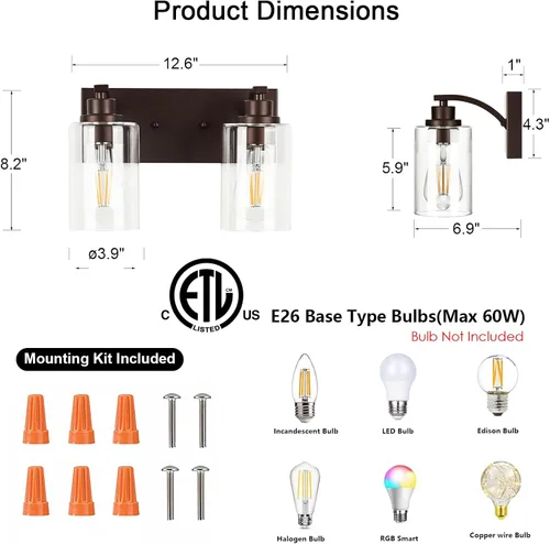 Vista 2 de 2 Luces de Baño Modernas ORB para Iluminación de Baño, Luces de Tocador para Iluminación de Baño Sobre Espejo con Soporte de Vidrio Transparente