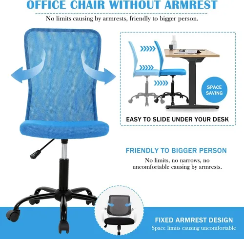 Vista 42 de Silla de oficina pequeña, silla de escritorio sin brazos con ruedas, silla ergonómica para computadora con soporte lumbar, silla giratoria de malla