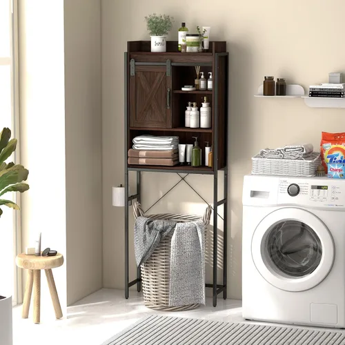 Vista 4 de LOKO Gabinete de almacenamiento sobre el inodoro, ahorro de espacio de baño independiente con estantes ajustables y puerta corrediza de granero