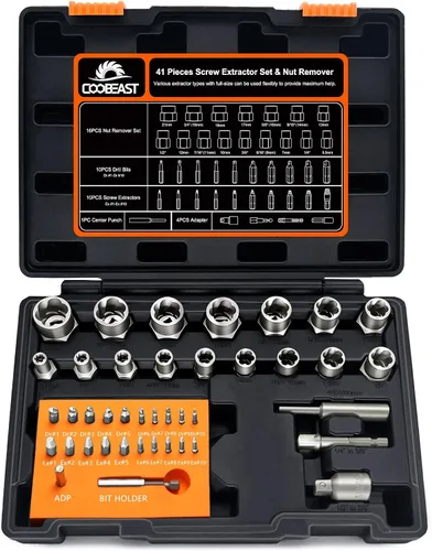 Vista 11 de Coobeast - Juego de extractor de pernos resistente, 13 piezas con adaptador de 3/8 pulgadas, para tuercas peladas, tornillos oxidados, redondeados