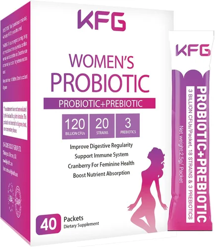 KFG Polvo probiótico para mujer, con 100 mil millones de UFC, 20 cepas, 3 prebióticos orgánicos, arándano, enzimas digestivas y D-manosa, para