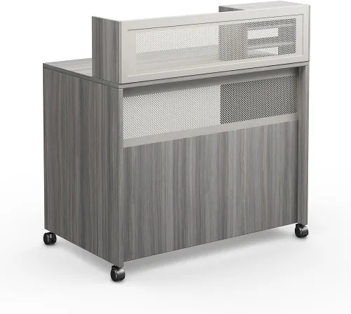 Vista 6 de NBF Moderno escritorio de recepción con mostrador – Mostrador móvil de altura de pie – Recepción con acabado laminado espresso – Escritorio