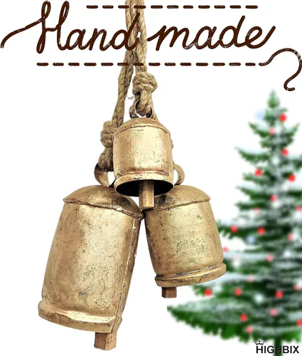 Vista 3 de HIGHBIX Juego de 3 campanas gigantes de vaca Harmony, vintage, hechas a mano, rústicas, de la suerte, para colgar en la cuerda