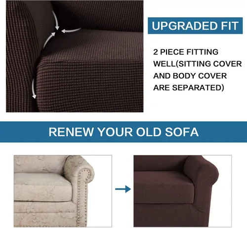 Vista 3 de H.VERSAILTEX Fundas elásticas para sofá de 2 piezas, color marrón, de alta elasticidad, 2 piezas, tela jacquard de elastano, súper suave