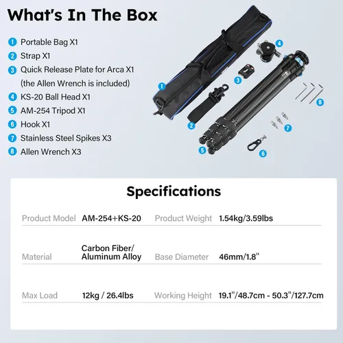 Vista 8 de SIRUI Trípode de viaje de fibra de carbono de 50.2", trípode compacto para cámara profesional con cabeza de bola de perfil bajo, sistema