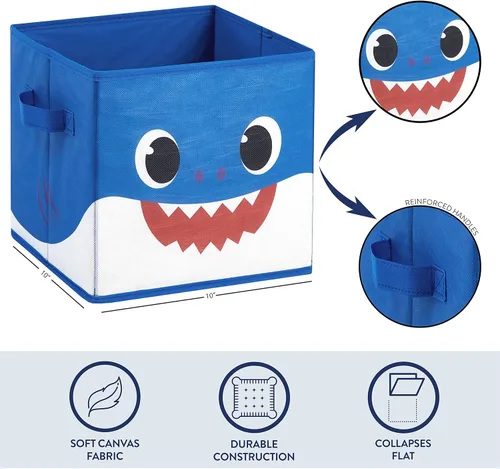 Vista 3 de Idea Nuova Baby Shark - Cubitos de almacenamiento plegables, juego de 2, 10 x 10 pulgadas, color azul y amarillo
