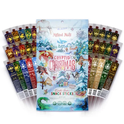 Mythical Meats Paquete de muestras de sabor aleatorio de Cryptids de Navidad, 10 palitos exóticos aleatorios de carne y carne de res, carnes secas y