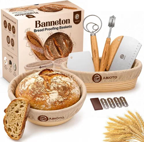 ABIOTO Kit de hornear pan de masa madre – Juego de 14 piezas con cestas redondas de 10 pulgadas y 11 pulgadas ovaladas de ratán Banneton, forros