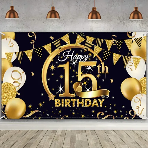 Decoración de fiesta de cumpleaños número 15, cartel póster de tela extra grande negro y dorado para telón de fondo de cabina de fotos de