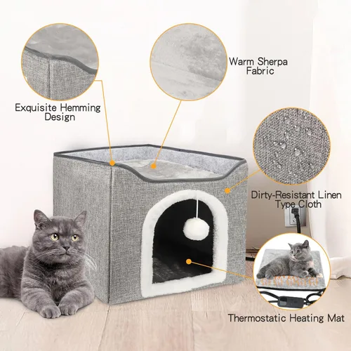 Vista 4 de Cama Calentada para Gatos de Interior, Casa Plegable para Gatos con Almohadilla de Calefacción Desmontable para Gatos, Cama Cubierta para Perros