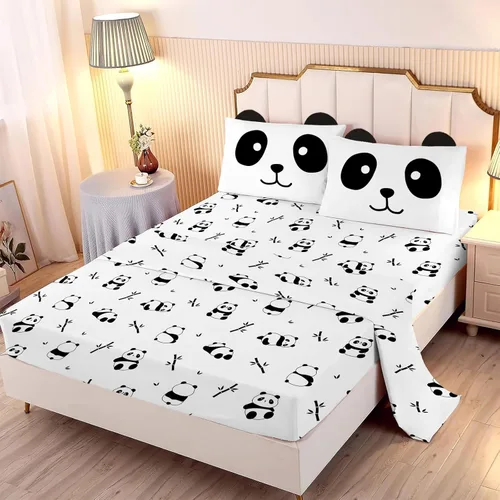 Vista 10 de MUSOLEI Sábanas Panda Sábanas ajustadas Lindas hojas de cama con conjunto de cama de animales 3D con orejas para niñas Conjunto de cama individual