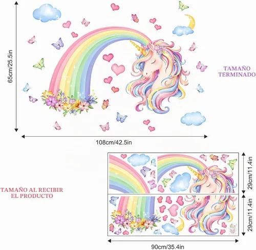 Vista 3 de Calcomanías de pared de unicornio arco iris, flores, mariposas, nubes, corazones, unicornio, calcomanías de pared de bebé, guardería, dormitorio