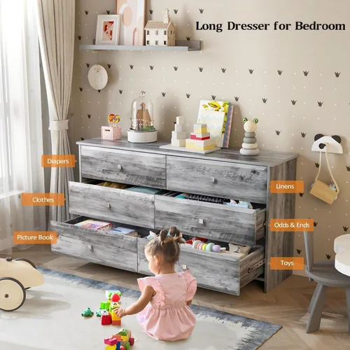 Vista 5 de VINGLI Cómoda Gris de 6 Cajones, Cómoda de 54" de Largo para Dormitorio, Cómoda de Madera con Frentes de Cajones Texturizados, Cómoda Rústica Gris