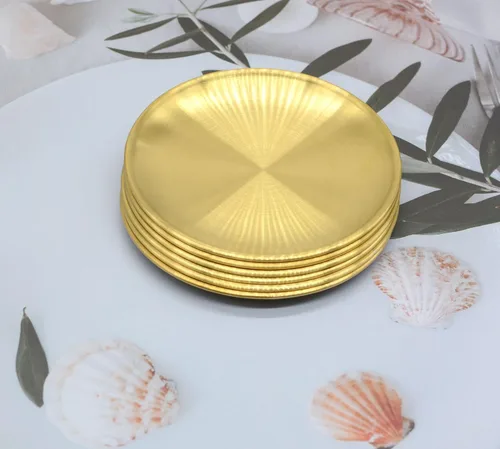 Vista 4 de 6 piezas de bandeja circular de 17 cm para baratijas, de acero inoxidable dorado, para bandejas de servicio, almacenamiento de toallas, plato de té