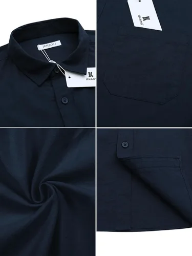 Vista 4 de JEKAOYI Camisas de lino con botones para hombre, estilo casual, manga larga, ajuste regular, de algodón, con bolsillo