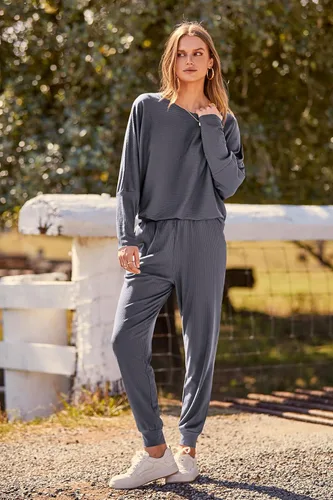 Vista 8 de PRETTYGARDEN - Conjunto de moda de 2 piezas para mujer, color liso, sudadera sin botones y de manga larga, pantalón largo