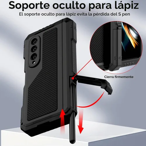 Vista 5 de Funda de metal para Samsung Galaxy Z Fold 4 con soporte para bolígrafo S, funda militar resistente Z Fold4 con protector de pantalla integrado Negro