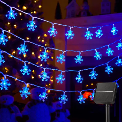 Vista 10 de Brightown Guirnalda de luces solares de copo de nieve de Navidad, paquete de 2 unidades, 100 luces LED de 78 pies para exteriores, impermeables