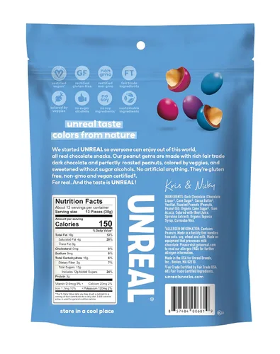 Vista 3 de Unreal Gemas de cacahuete de chocolate negro Veganas con colores de la naturaleza Comercio justo, sin OMG, ingredientes sin gluten Sin