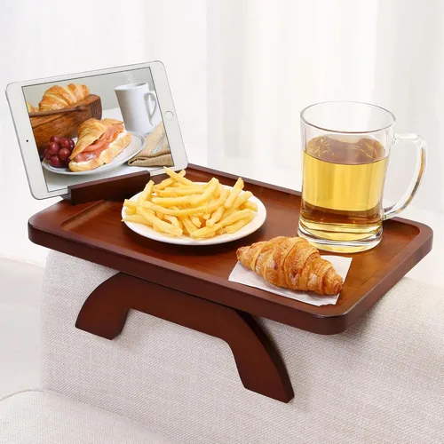 Vista 16 de SINWANT Mesa de Brazo para Sofá, Mesas de Reposabrazos de Sofá de Madera de Acacia, Mesa de Reposabrazos de Sofá con Soporte para Teléfono de 360°