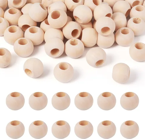 Cheriswelry 50 cuentas redondas de madera sin terminar de 0.79 a 0.78 pulgadas, color blanco antiguo, agujero grande, de madera natural, cuentas