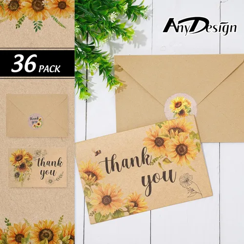 Vista 3 de AnyDesign Paquete de 36 tarjetas de agradecimiento de girasol Kraft surtidas a granel de primavera y verano, tarjetas de notas en blanco