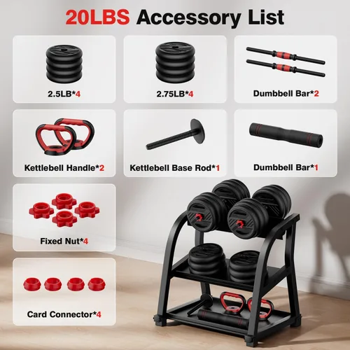 Vista 8 de Juego de mancuernas ajustables, juego de pesas libres de 20/30/45/70/90 libras con doble tuerca de bloqueo, juego de mancuernas 5 en 1 incluye