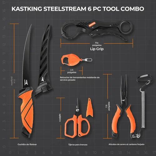 Vista 7 de KastKing SteelStream - Juego de herramientas de pesca de 6 piezas, alicates de pesca resistentes a la corrosión con cordón, cuchillo de filete