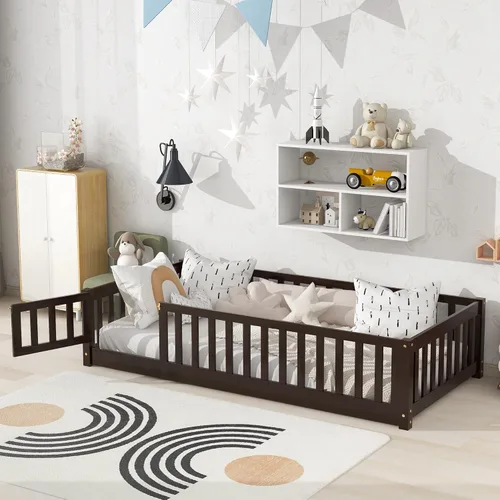 Marco de cama Montessori de madera de tamaño individual con listones de madera, valla y puerta para niños, niñas y niños, espresso (con listones de