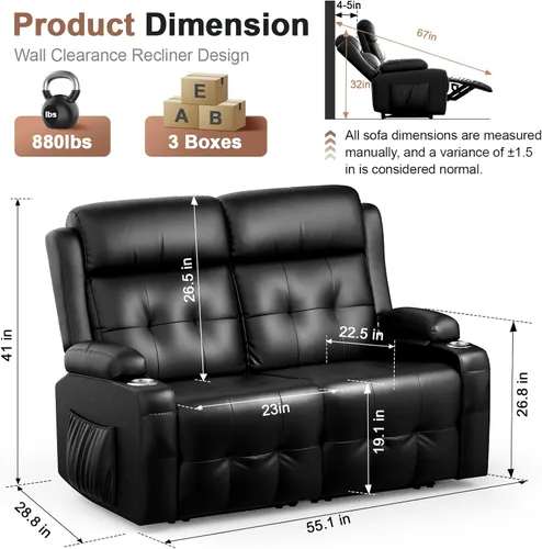 Vista 2 de Sofá reclinable de dos plazas, sofá reclinable de gran tamaño, sofá reclinable de masaje con puerto USB y almacenamiento y portavasos, sofá