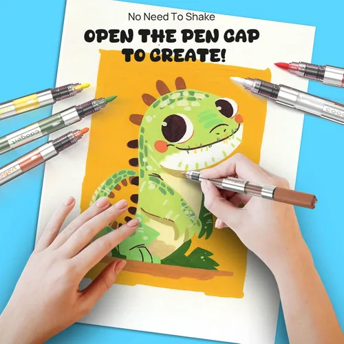 Vista 6 de Coogert 12 Automatic Ink Control Acrylic Paint Markers Dual Tip, No Bleed Brush Medium Tip Acrylic Paint Pens For Rock Painting, Wood, Fabric