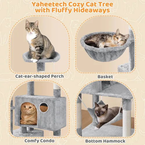 Vista 59 de Yaheetech - Árbol para gatos de 64.5 pulgadas con poste rascador, cama para gatos con cubierta de felpa y hamaca, plataforma, percha para gatos