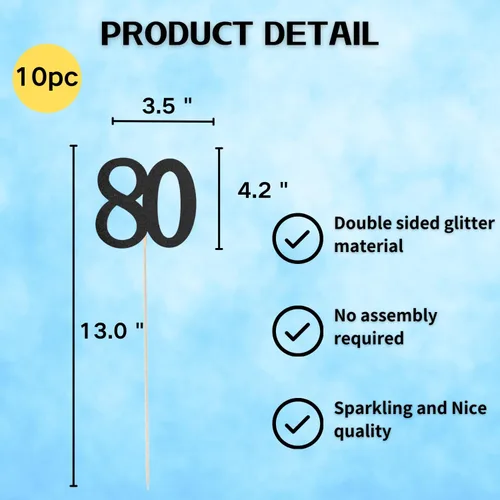 Vista 2 de Paquete de 10 palitos de centro de mesa de aniversario con purpurina de doble cara para cumpleaños número 80, decoración de mesa para fiesta de Negro