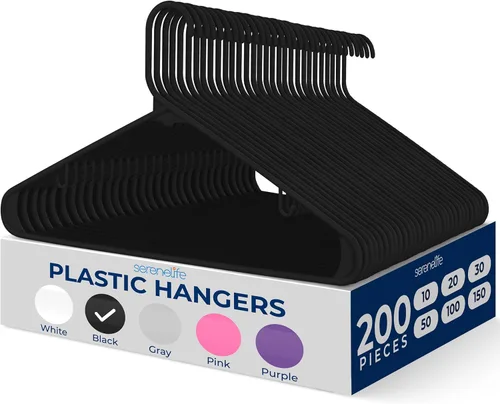 Vista 12 de SereneLife Paquete de 10 perchas de plástico negro, perchas para ropa con ganchos antideslizantes, resistentes, duraderas y ahorradoras de espacio
