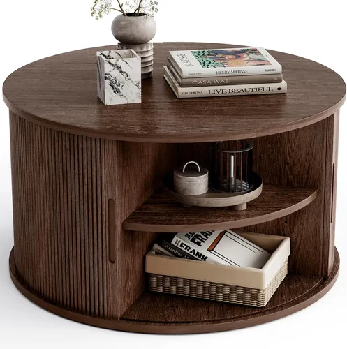 Vista 24 de LINSY HOME Mesa auxiliar redonda, mesa de centro de tambor de 31.5 pulgadas con puerta corrediza de tambor, mesa central acanalada con Roble