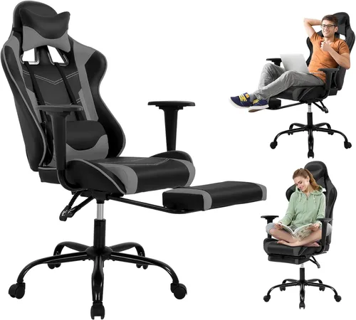 Vista 8 de BLKMTY Silla de juegos de PC, silla de escritorio ergonómica de masaje, sillas de carreras de piel sintética ajustable con soporte lumbar, Blanco