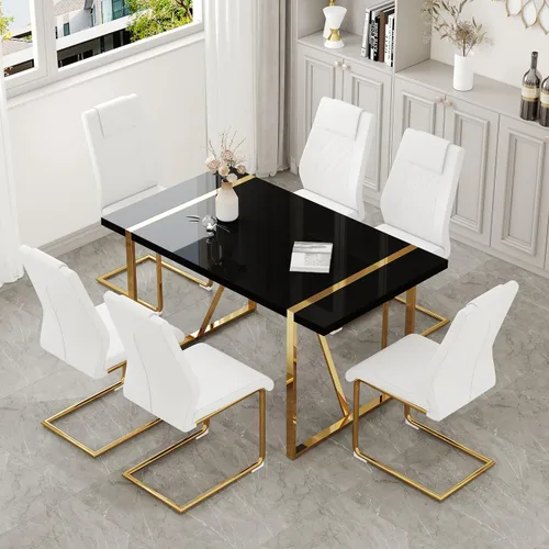 Vista 31 de Juego de mesa de comedor moderna de 55 pulgadas para 4, mesa de comedor negra y marco de metal dorado, mesa de comedor rectangular con 4 sillas