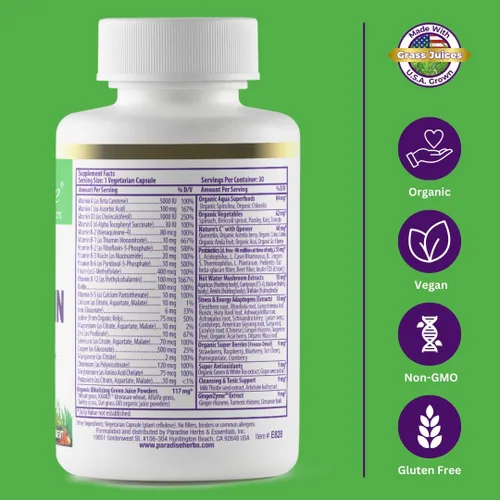 Vista 5 de Paradise Herbs Earth's Blend Multivitamínico diario para mujer con hierro, 48 superalimentos orgánicos, probióticos, antioxidantes, vitaminas A